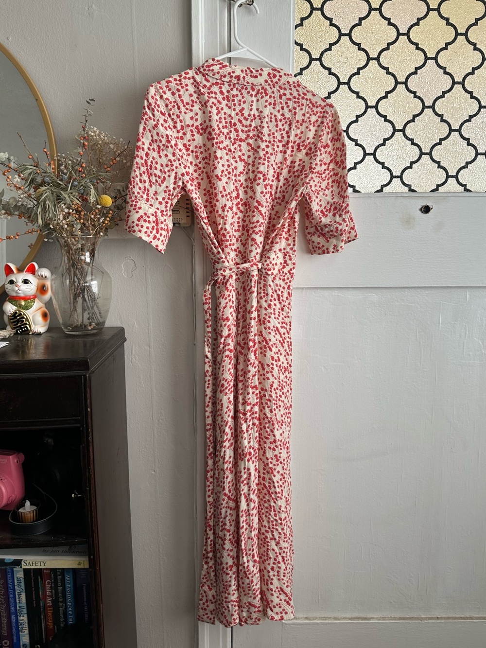 GANNI dress is a floral-print crepe maxi wrap dress in red-and-white - Picture 3 of 4